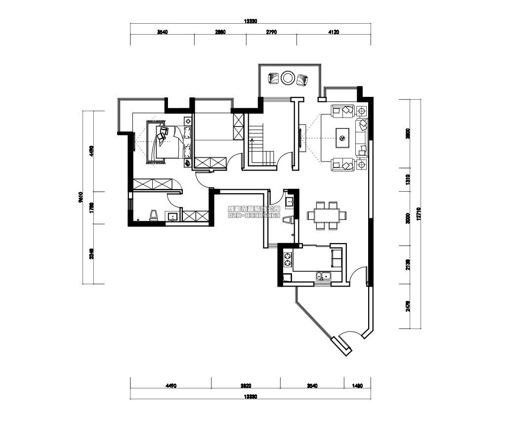 简欧套三住宅家具布置平面设计图