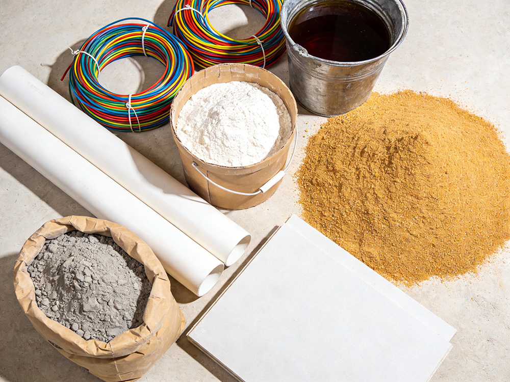 水泥、沙子、石膏板、腻子粉、水管、电线、防水涂料